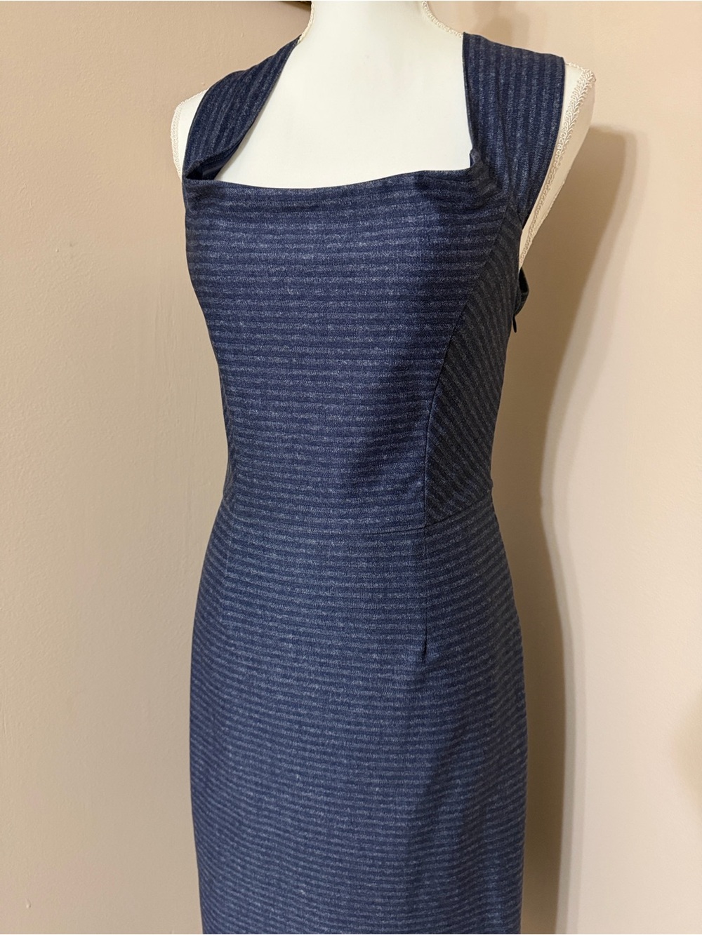 ANTONIO MELANI Navy Striped Midi Sheath Stretch Dress